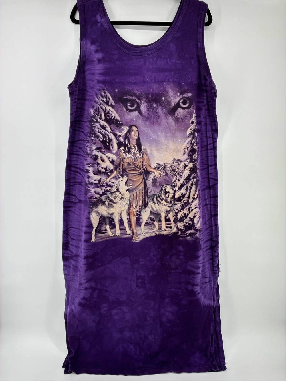 Purple Sleeveless Graphic Maxi Dress with Wolf & Native Inspired Print